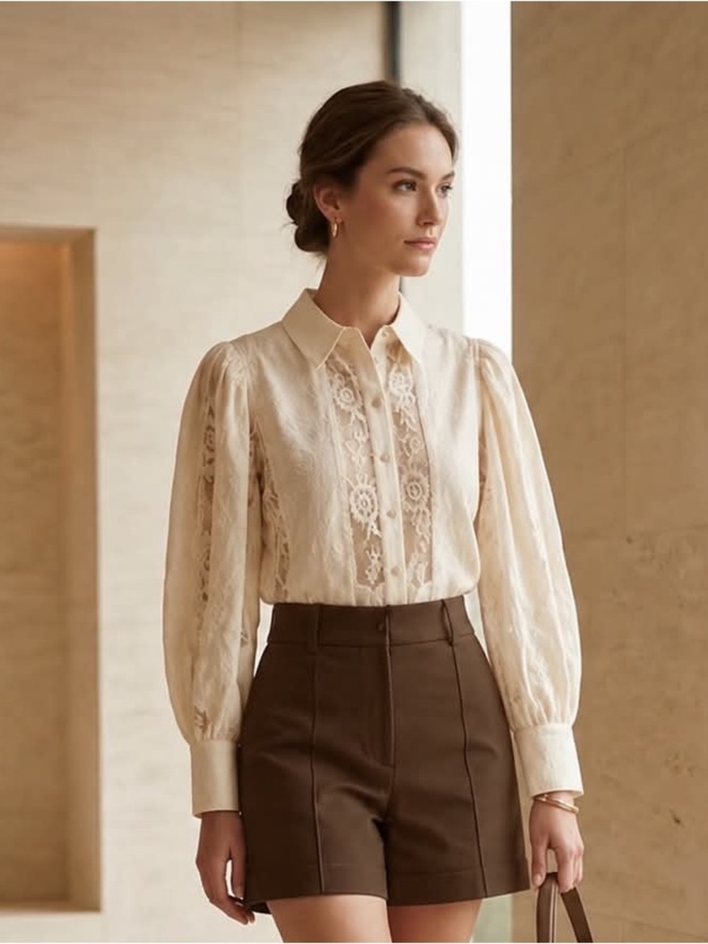 Women's Cream Lace Button-Front Blouse